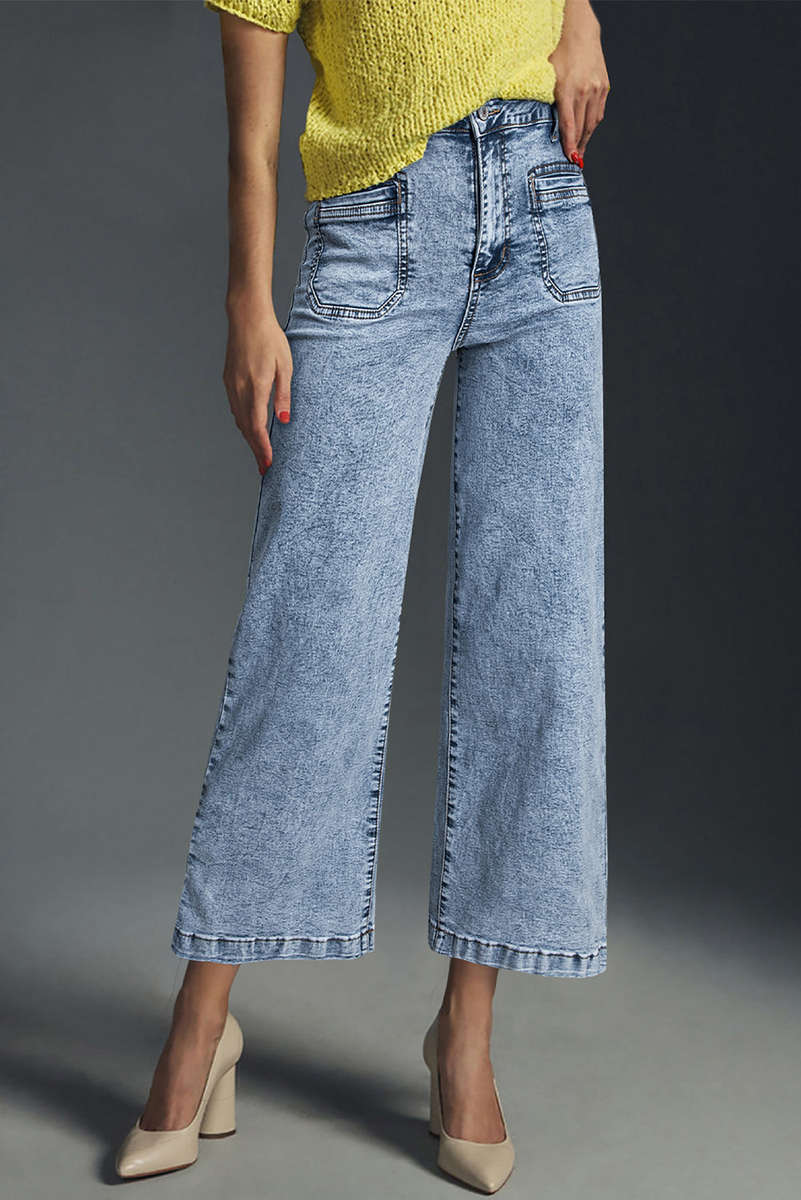 Light Blue Chic Patch Pocket Straight Leg Loose Jeans