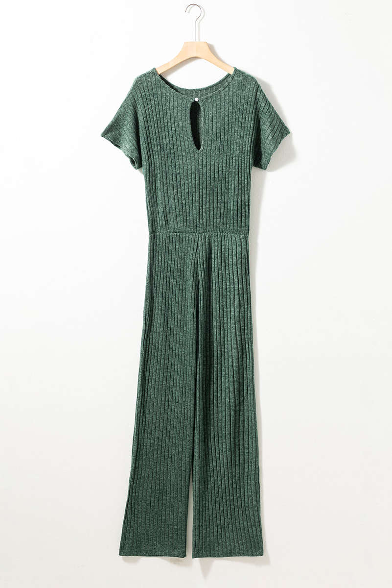 Mist Green Ribbed Keyhole Short Sleeve Wide Leg Jumpsuit