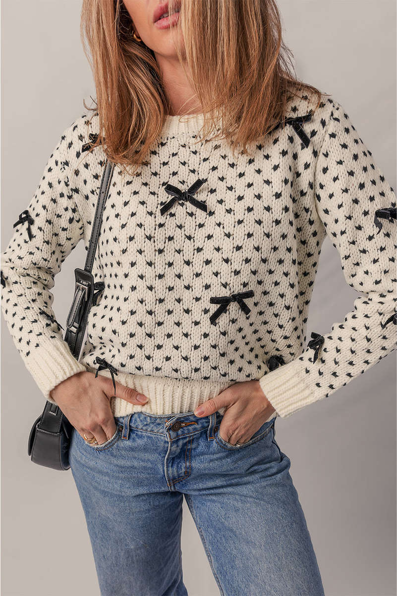 Beige Bow Decor Color Contrast Ribbed Edge Crew Neck Sweater