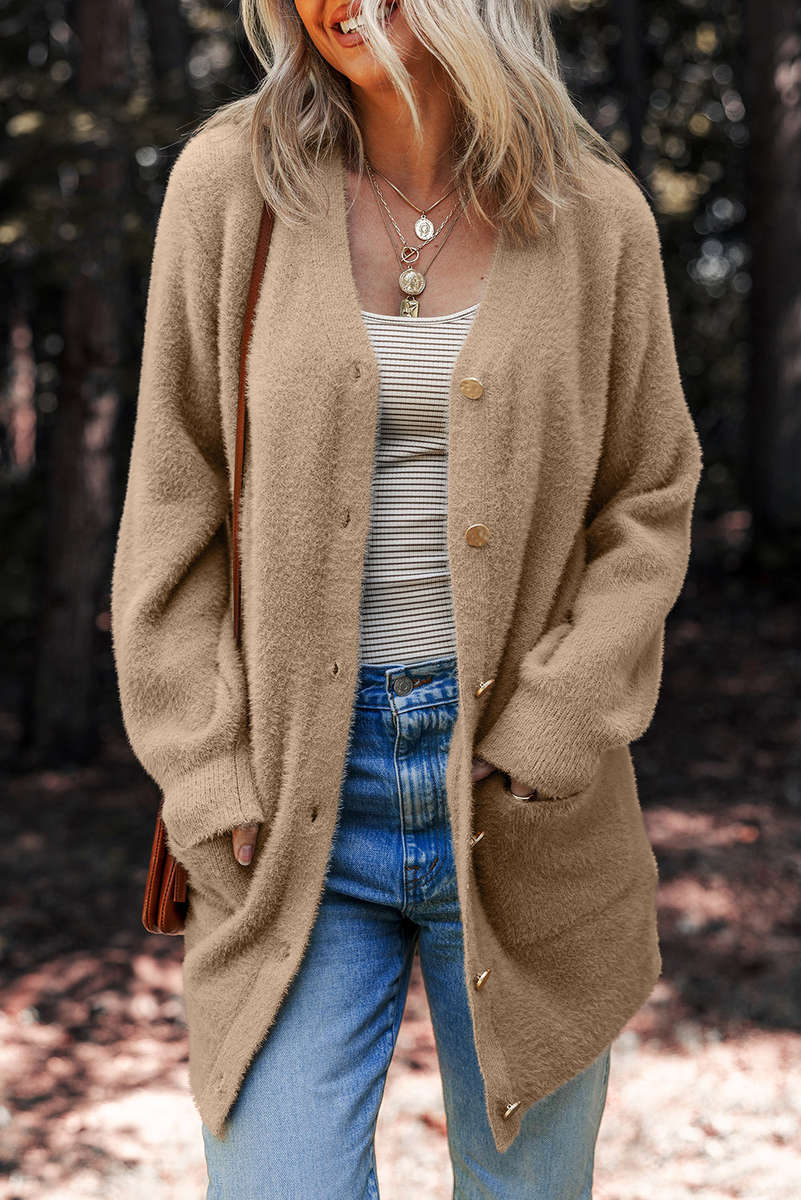 Smoke Gray Fuzzy Buttoned Front Midi Solid Cardigan