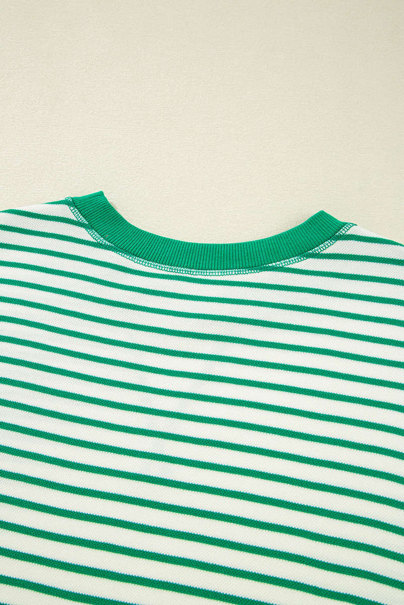 Bright Green Striped Exposed Seam Patchwork Loose Pullover Top