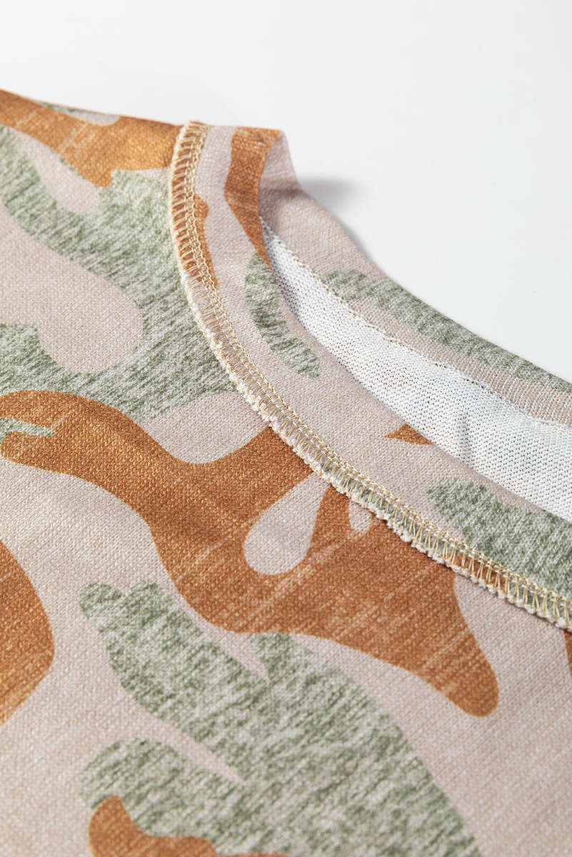 Brown Retro Camouflage Print Exposed Seam Patchwork Drop Shoulder Sweatshirt