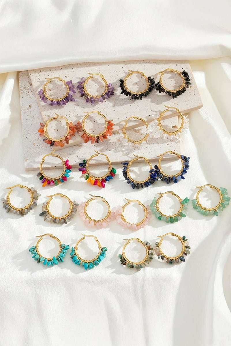 Turquoise Irregular Stone Beading Golden Plated Hoop Earrings