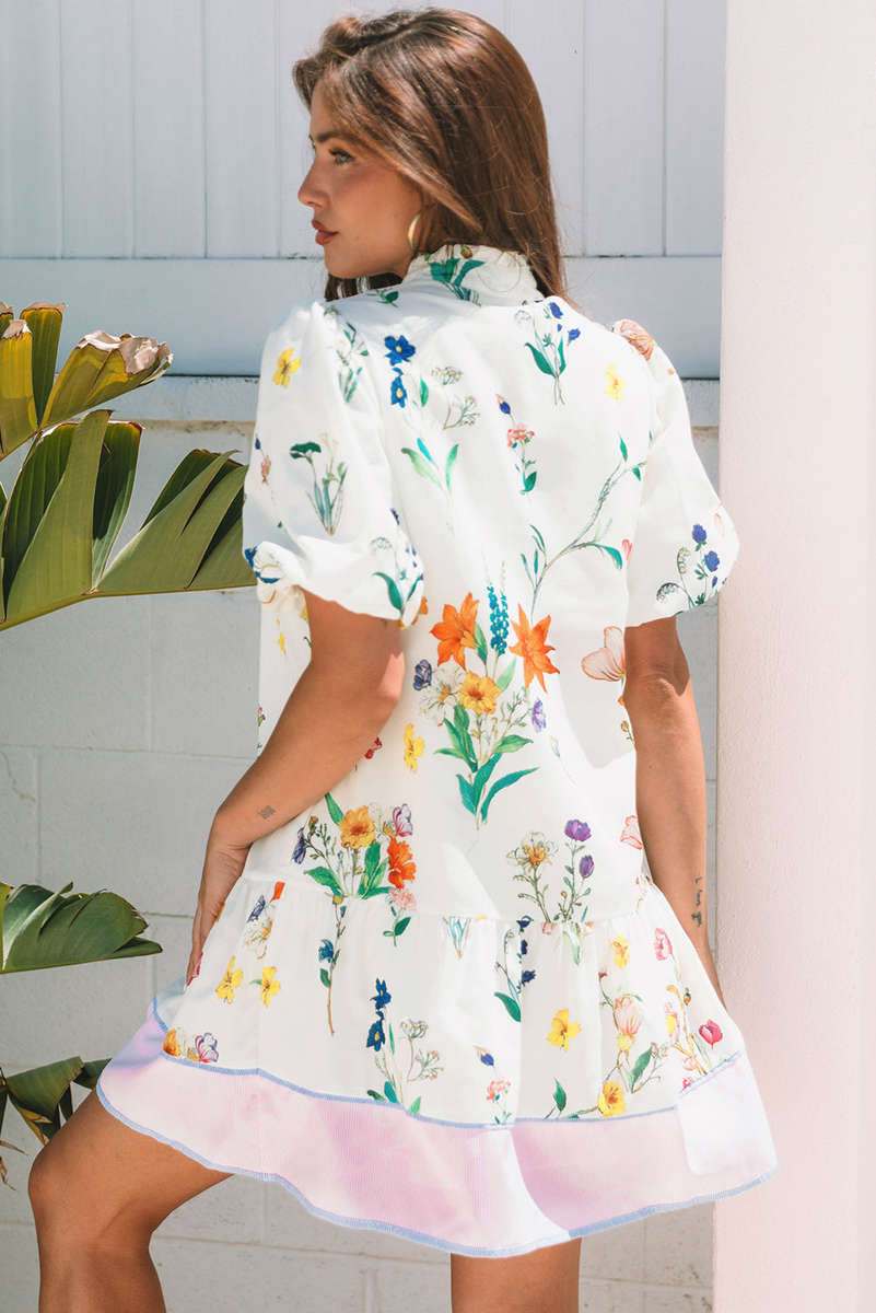 White Floral Print Contrast Striped Patchwork Short Puff Sleeve Dress