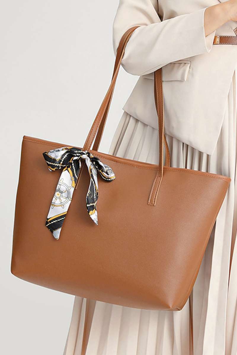 Chestnut Solid Color Large Capacity PU Leather Bag with Ribbon Detail
