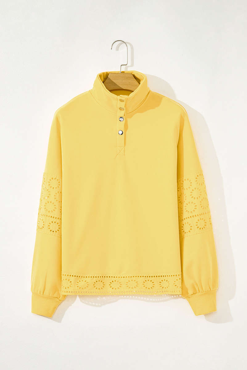 Yellow Cream Embroidered Flower Patchwork Snap Buttons Pullover Sweatshirt