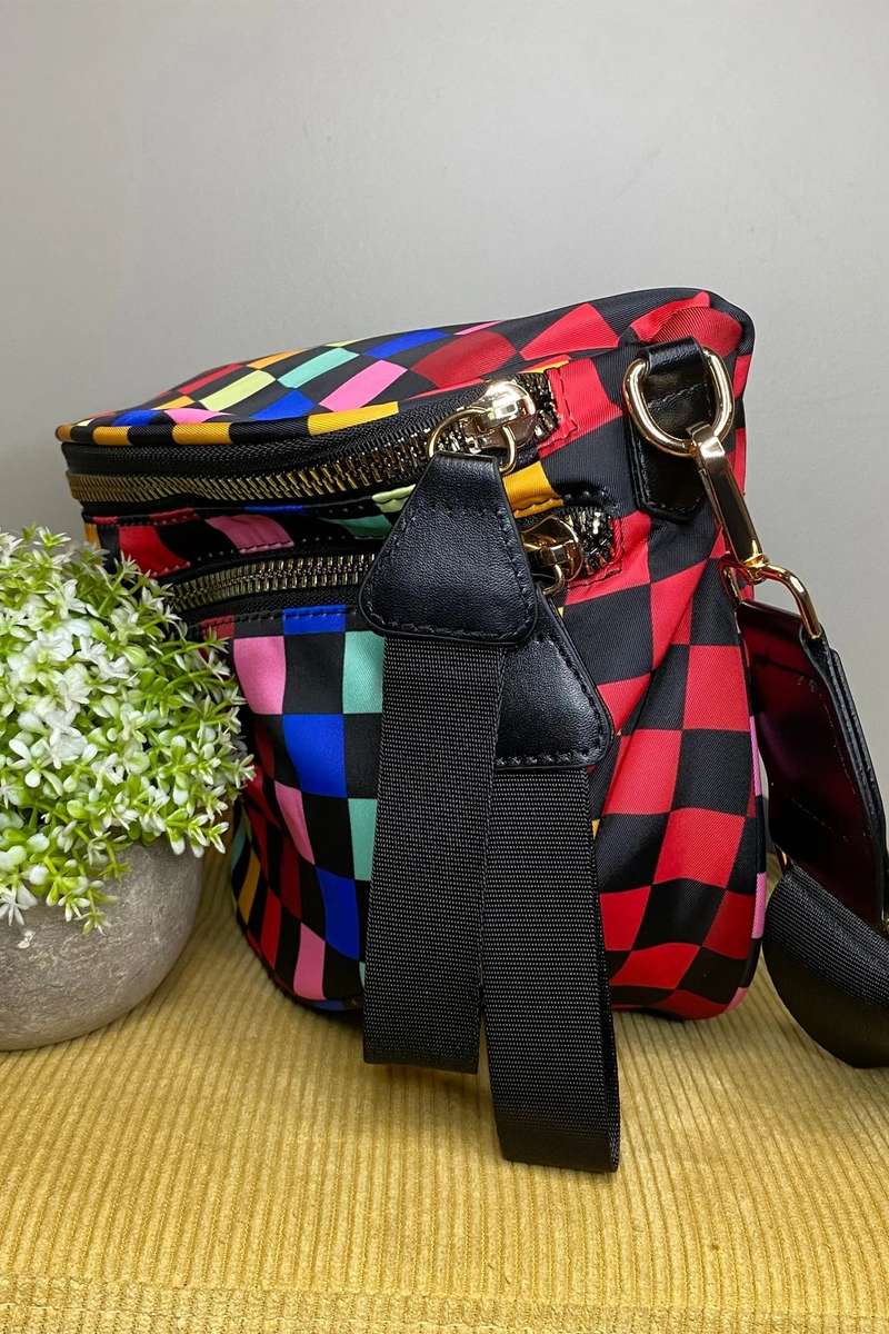 Color black Pretty Checkerboard Canvas Double Zip Crossbody Bag