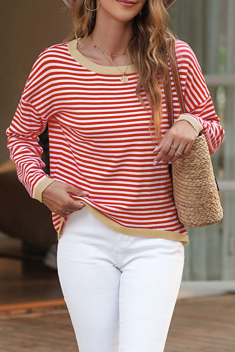Fiery Red Striped Contrast Trimmed Drop Shoulder Sweater