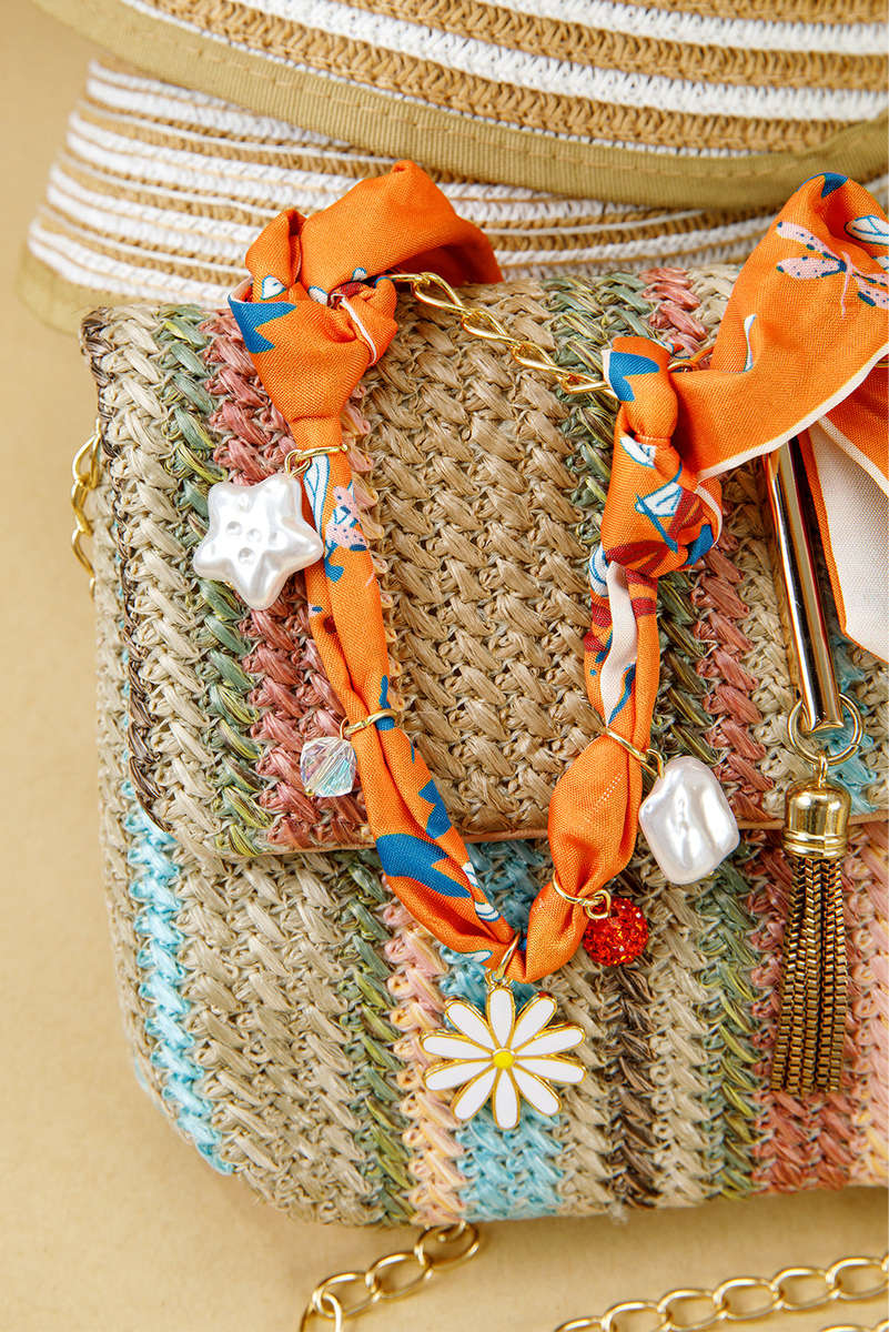 Orange Dragonfly Print Daisy Flower Pearl Crystal Decor Ribbon Necklace