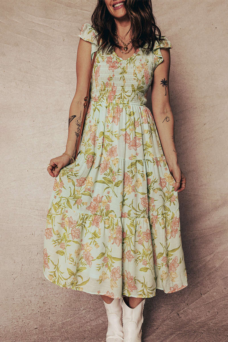 Yellow Smocked Bodice Ruffled Sleeveless Tiered Floral Maxi Dress