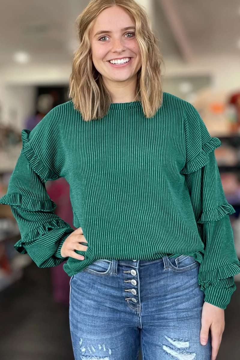 Evergreen Twisted Ribbed Tiered Ruffles Long Sleeve Pullover Top