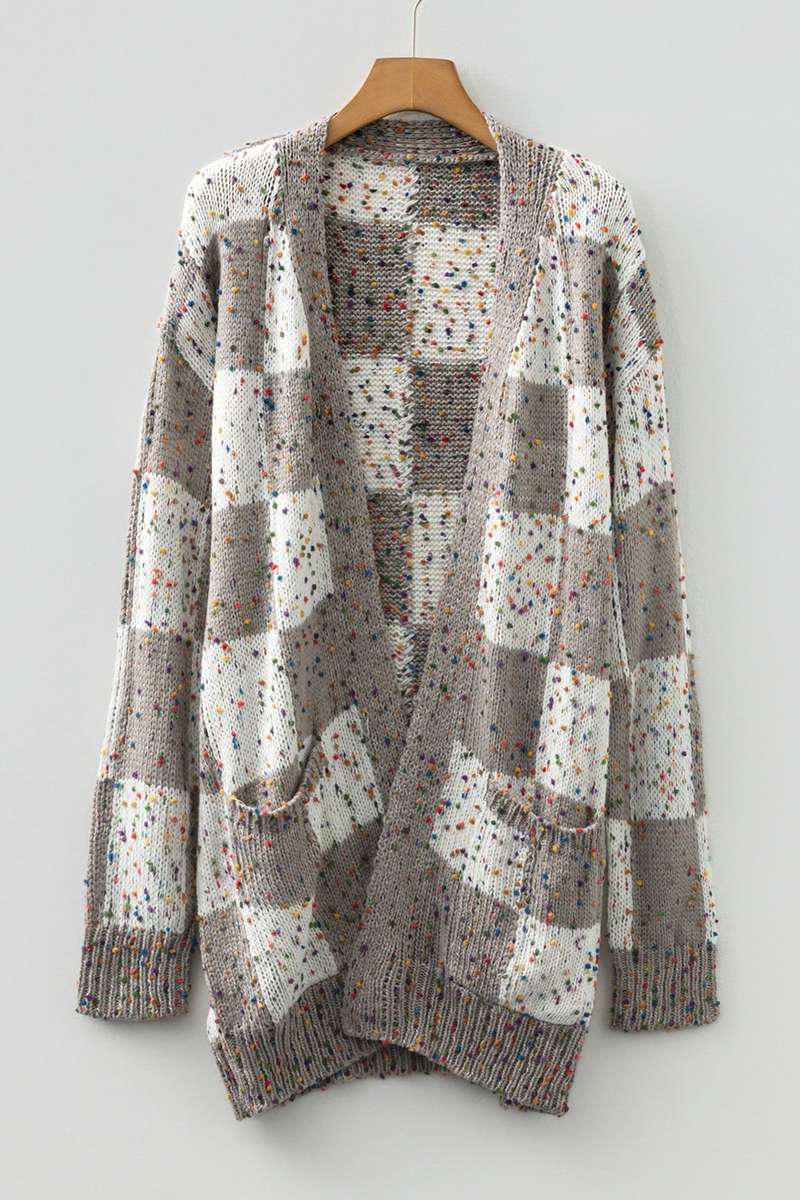 Brown Confetti Dot Checkered Print Open Cardigan with Pockets