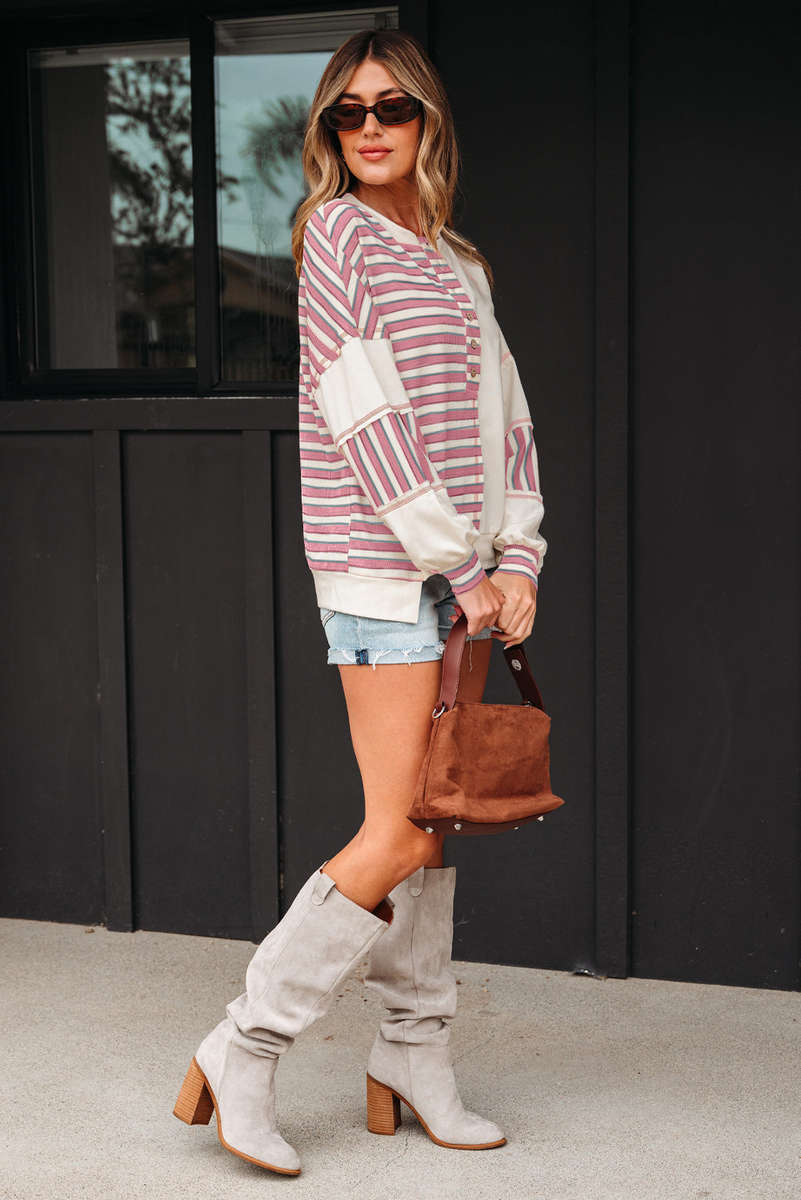 Pink Stripe Stitched Detail Color Block Patchwork Oversized Pullover Top