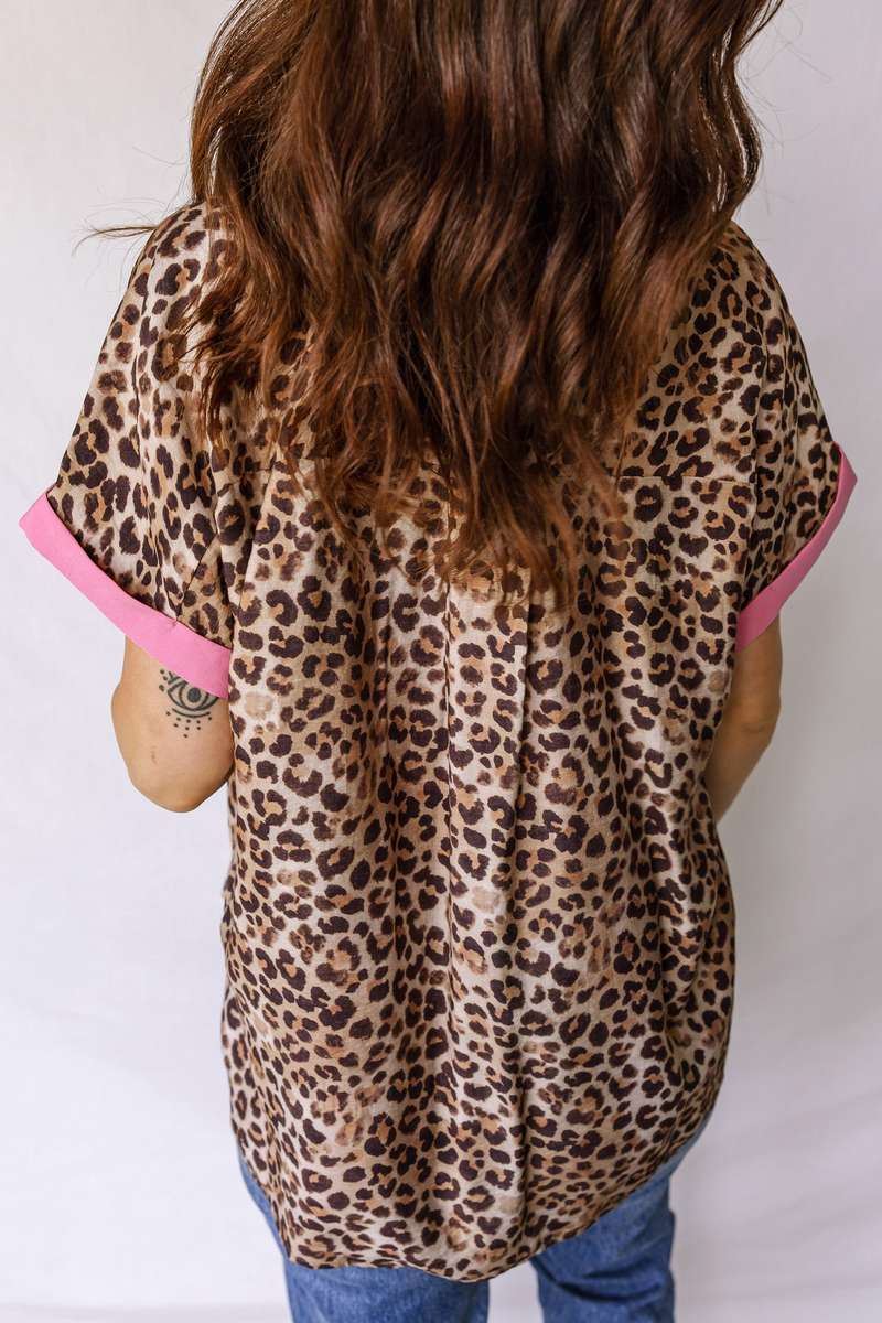 Leopard Print Contrasted Trim Animal Short Sleeve Shirt