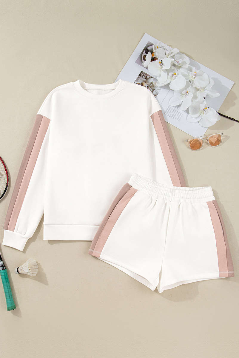 White Color Block Patchwork Drop Shoulder Pullover Casual Shorts 2pcs Outfit