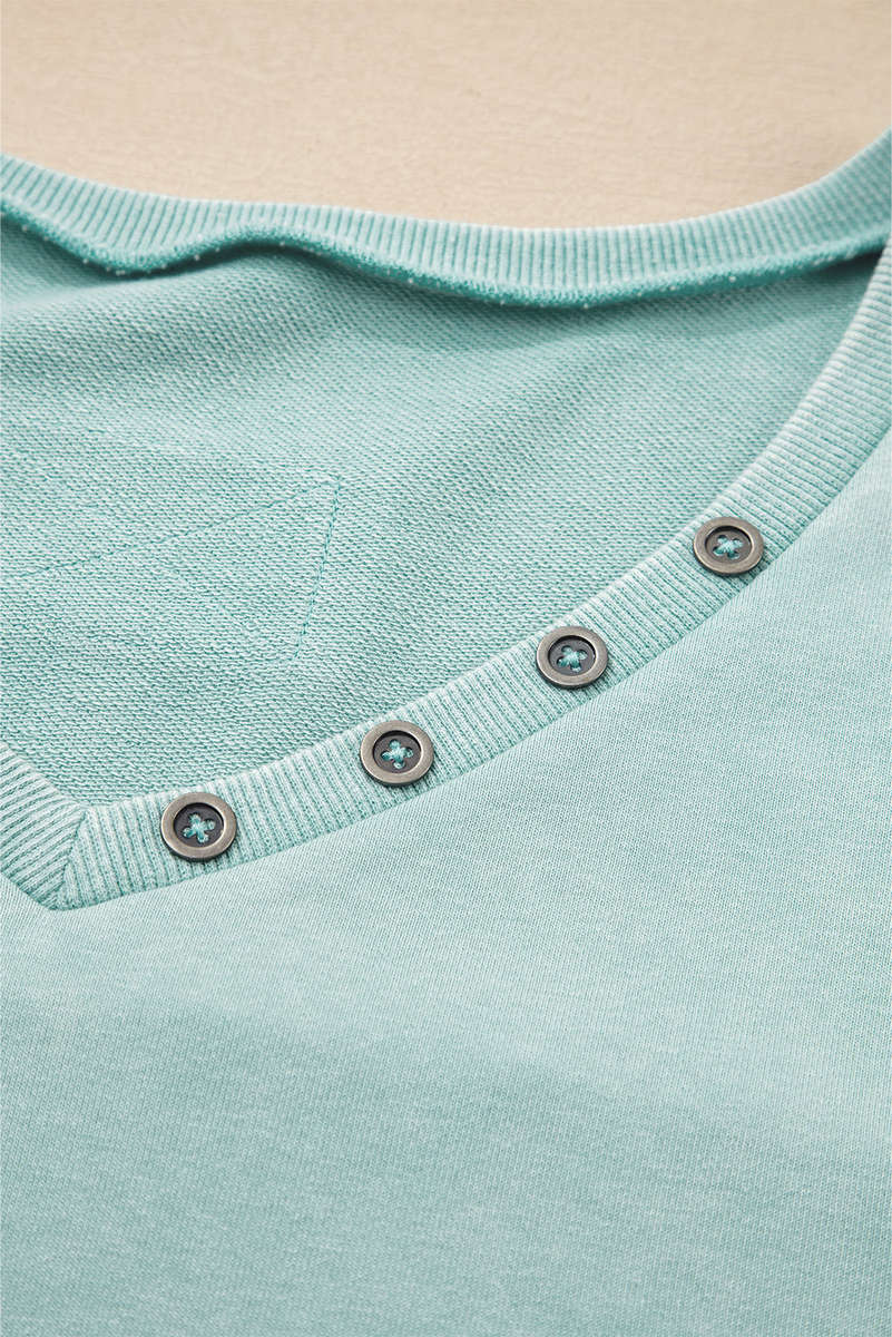 Mist Blue Mineral Wash Exposed Seam Buttoned V Neck Pullover Top
