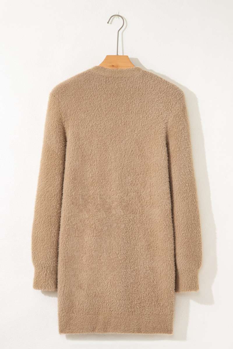 Smoke Gray Fuzzy Buttoned Front Midi Solid Cardigan