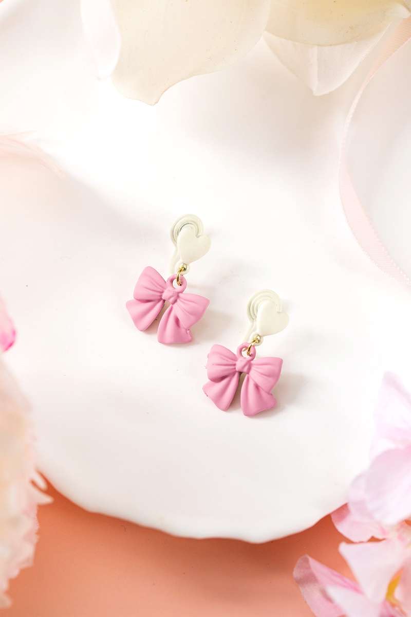 Pink Cute Bow Charm Contrasted Clip On Earrings