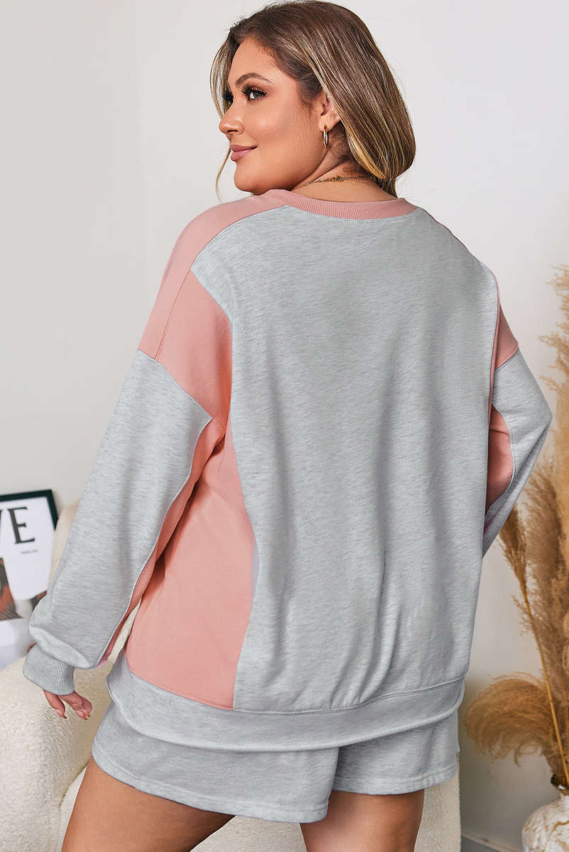 Light Grey Uneven Hem Colorblock Pullover Casual Shorts Plus Size 2pcs Outfit