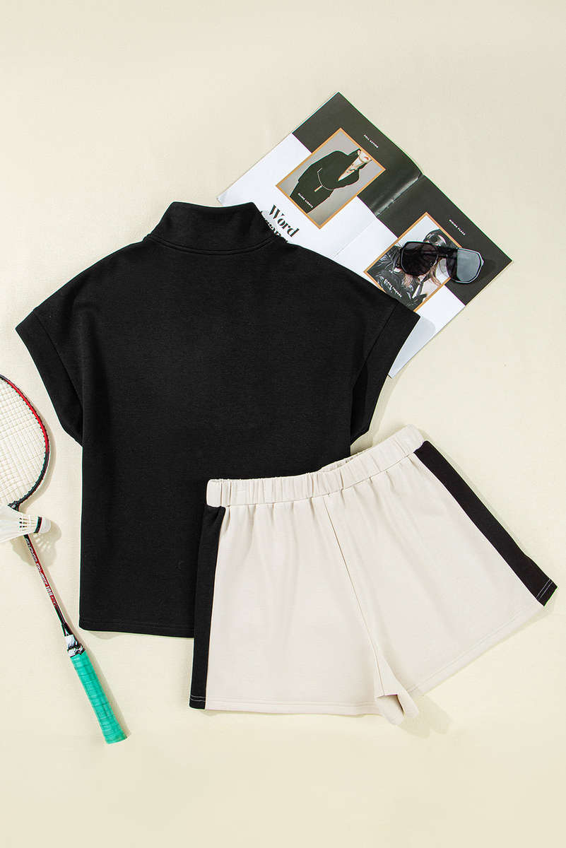 Black Contrast Zipped Stand Collared T Shirt and Short Set