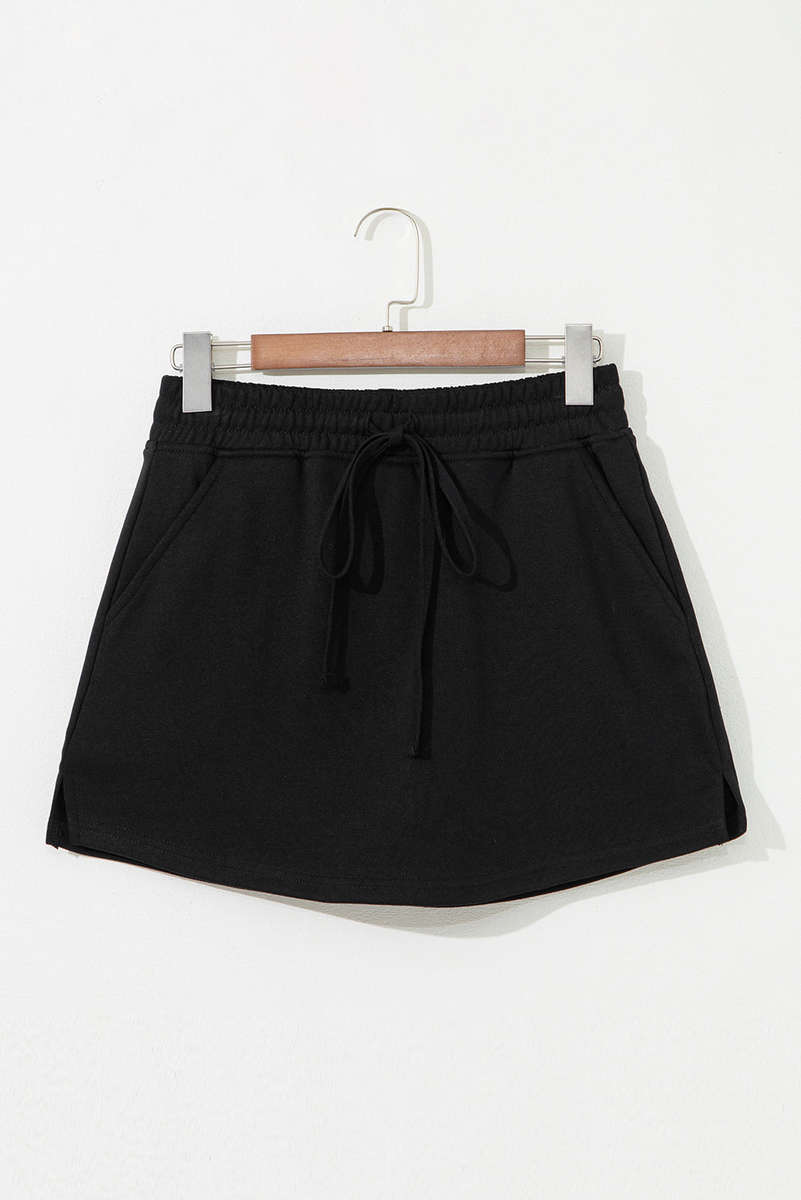 Black French Terry Drawstring Elastic Waistband Mini Skort with Pockets
