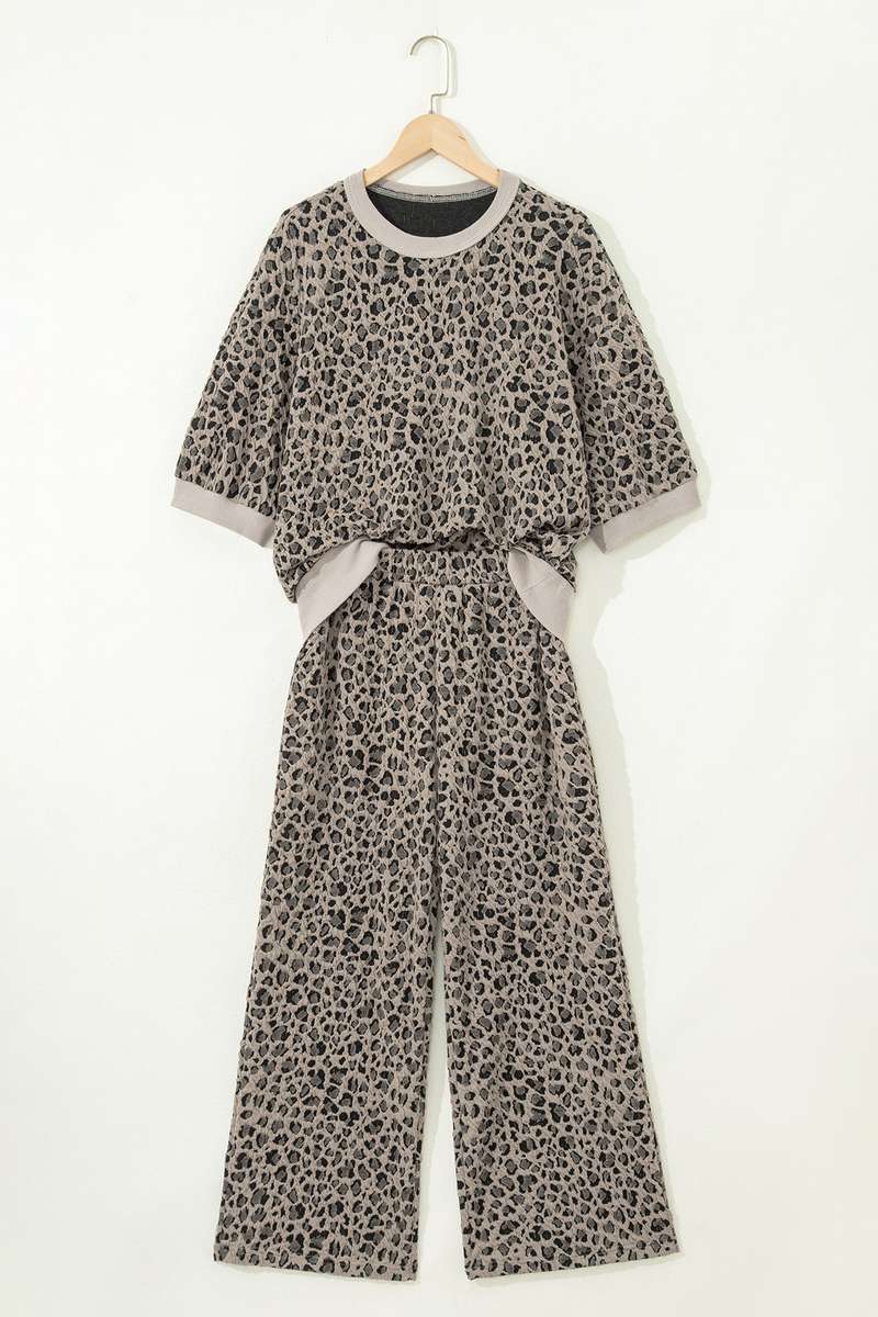 Khaki Jacquard Leopard Half Sleeve Jumper Wide Leg Pant Set