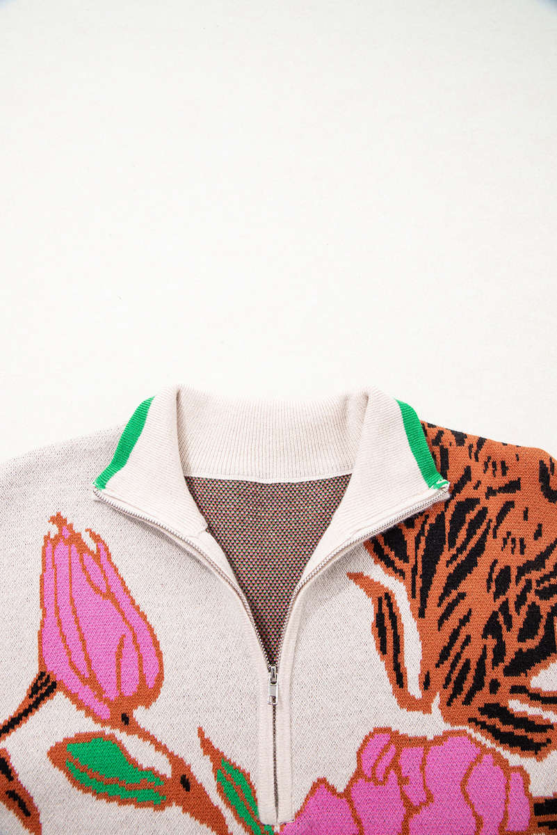 Khaki Floral Pattern Knit Quarter Zip Stand Neck Sweater