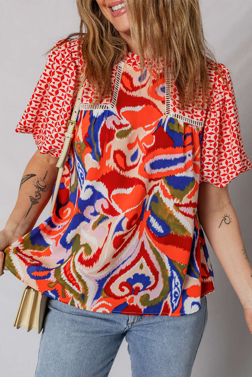 Red Paisley Geometric Mixed Print Patchwork Puff Sleeve Blouse Top