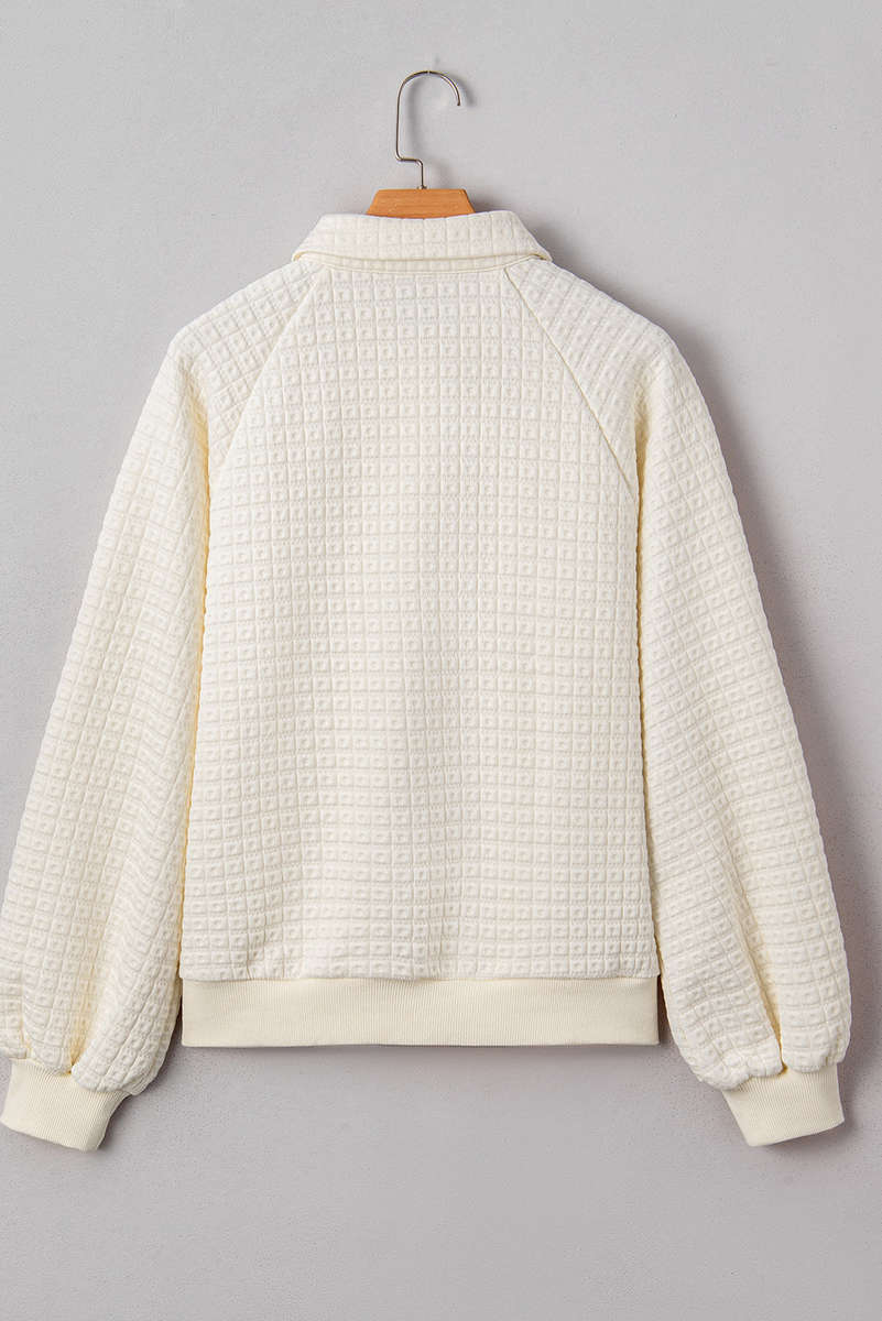 Beige Pineapple Textured Half Button Collared Sweatshirt