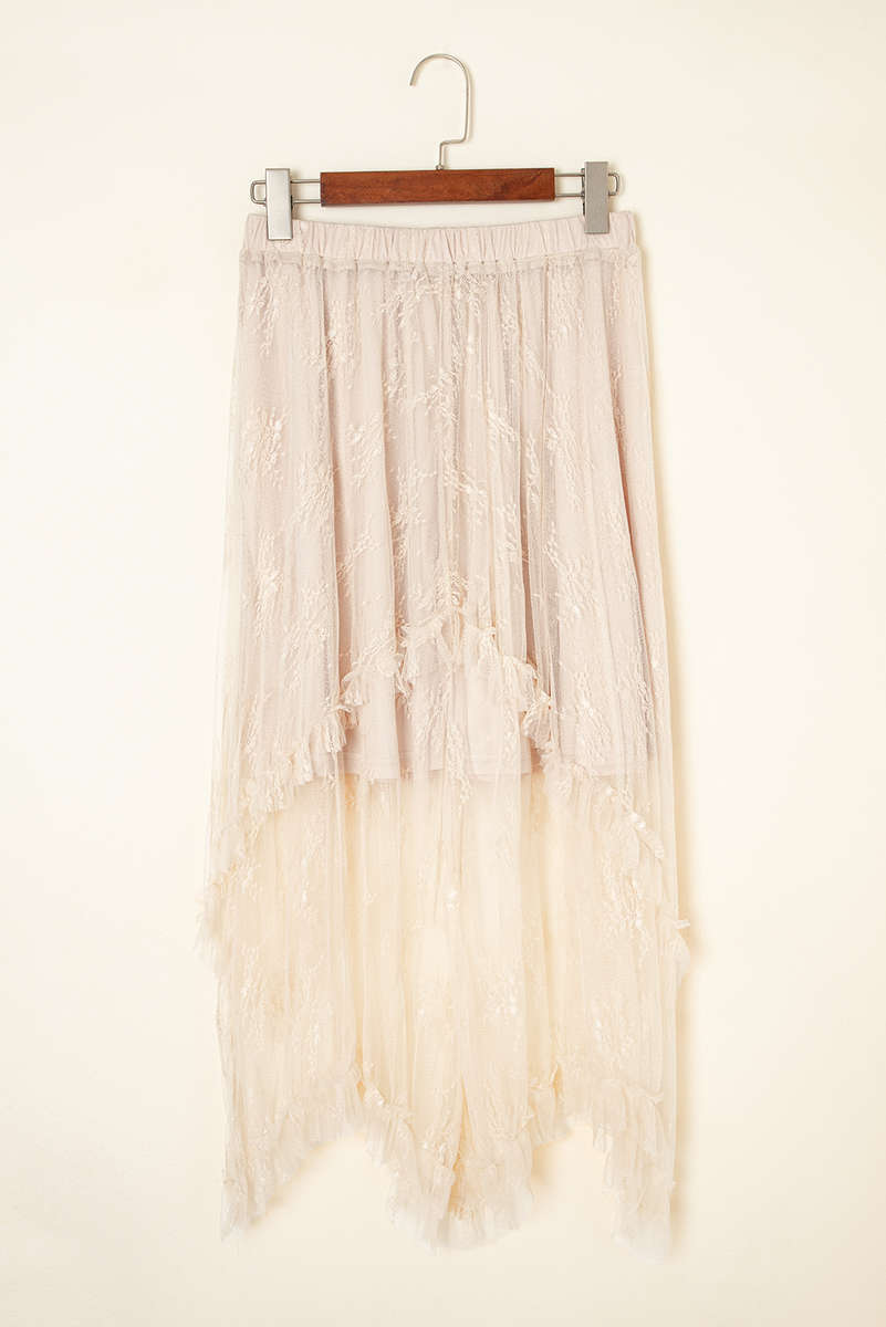 Apricot Lace Cascading Tiered High Waist Maxi Skirt