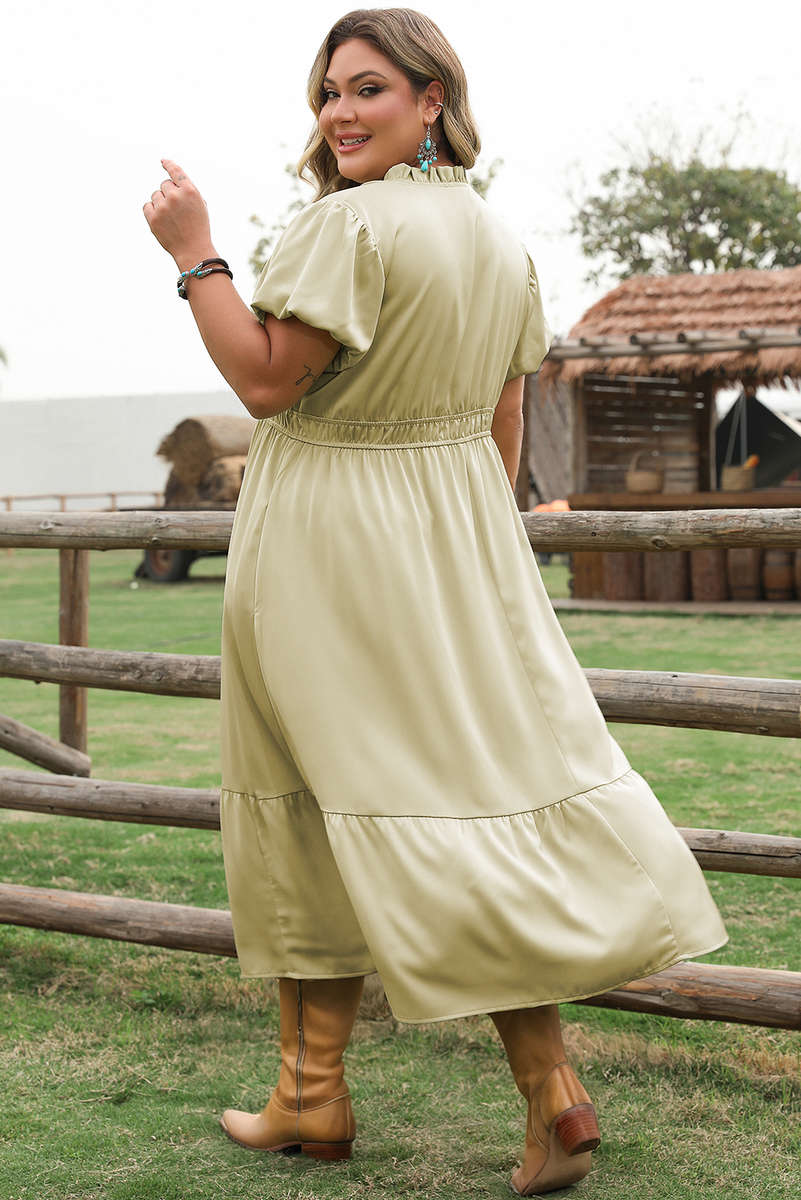 Laurel Green Notched V Neck Puff Sleeve Tiered Plus Size Maxi Dress