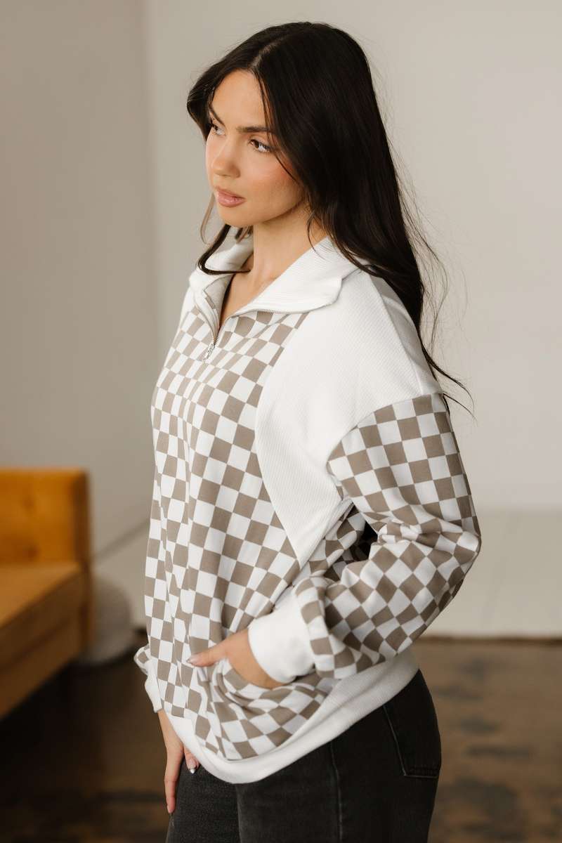 Khaki Checkered Print Quarter Zip Ribbed Patchwork Loose Sweatshirt