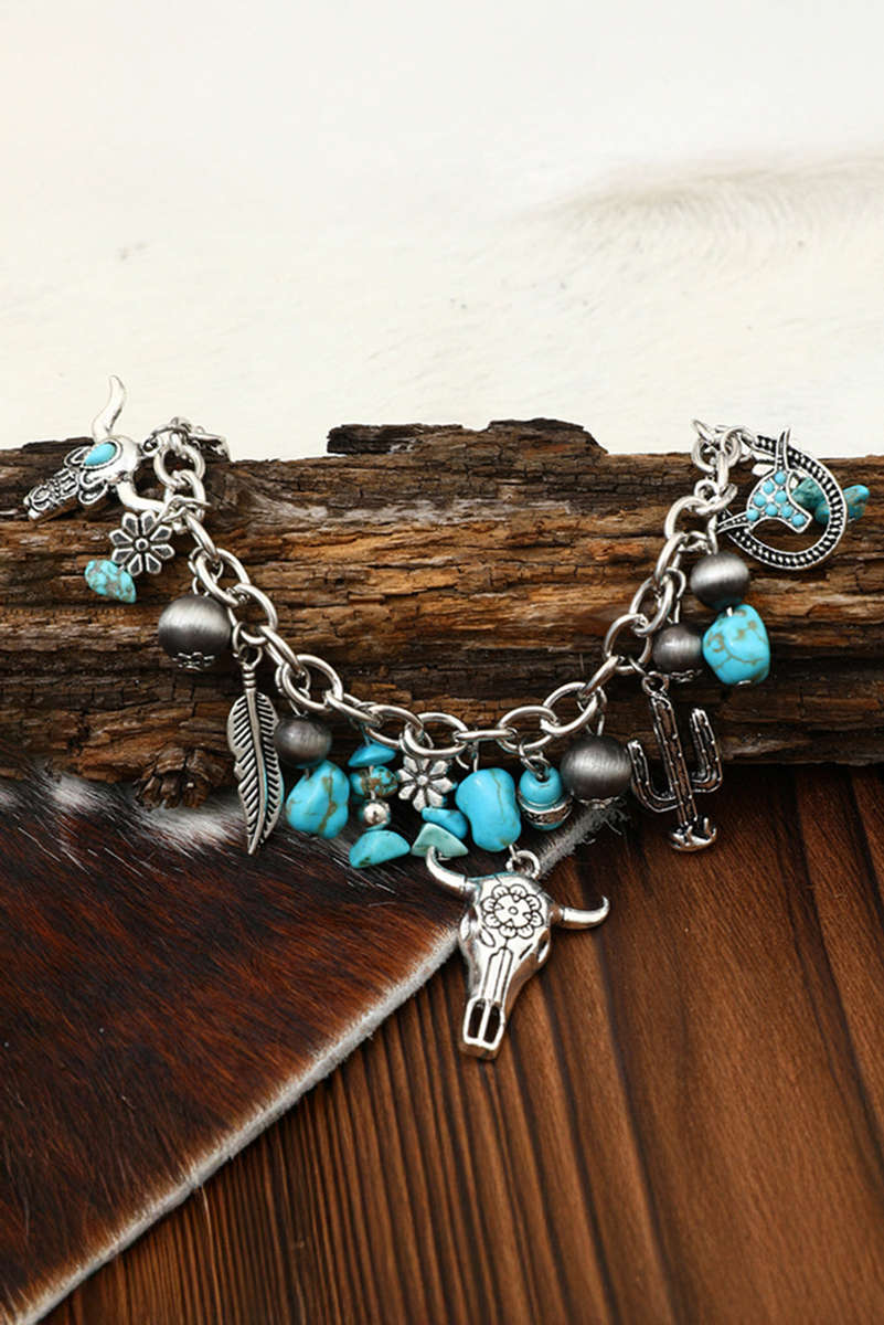 Silvery Western Steer Head Turquoise Charm Alloy Bracelet