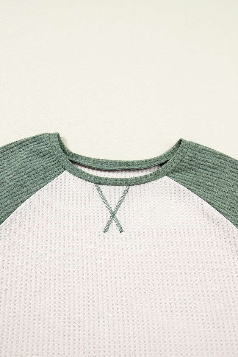 Mist Green Plus Size Waffled Color Block Long Sleeve Top