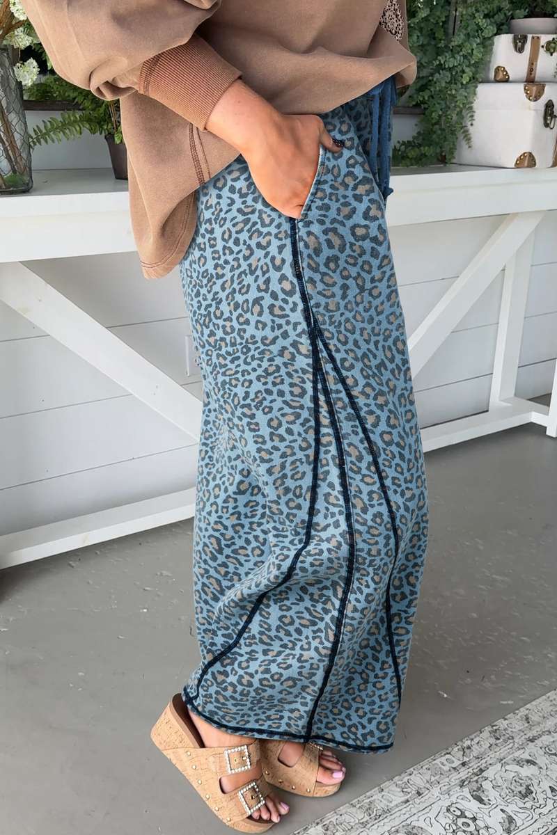 Blue Leopard Print Exposed Seam Detail Wide Leg Drawstring Jeans
