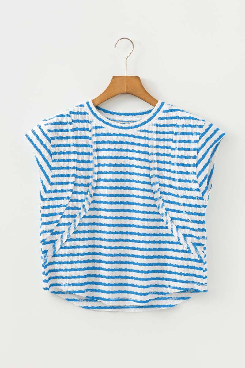 Blue Stripe Textured Short Sleeve Patchwork T Shirt
