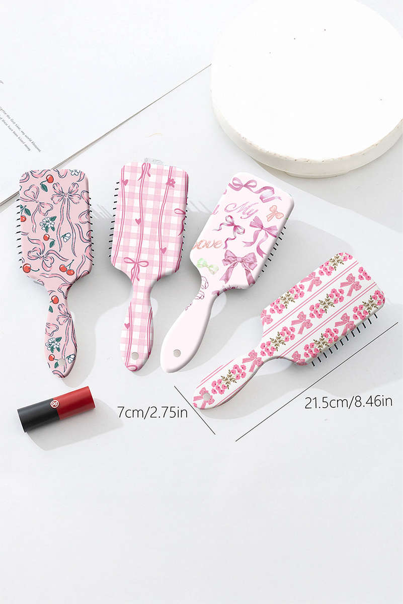 Pink Floral Bow Print Long Handle Air Cushion Comb
