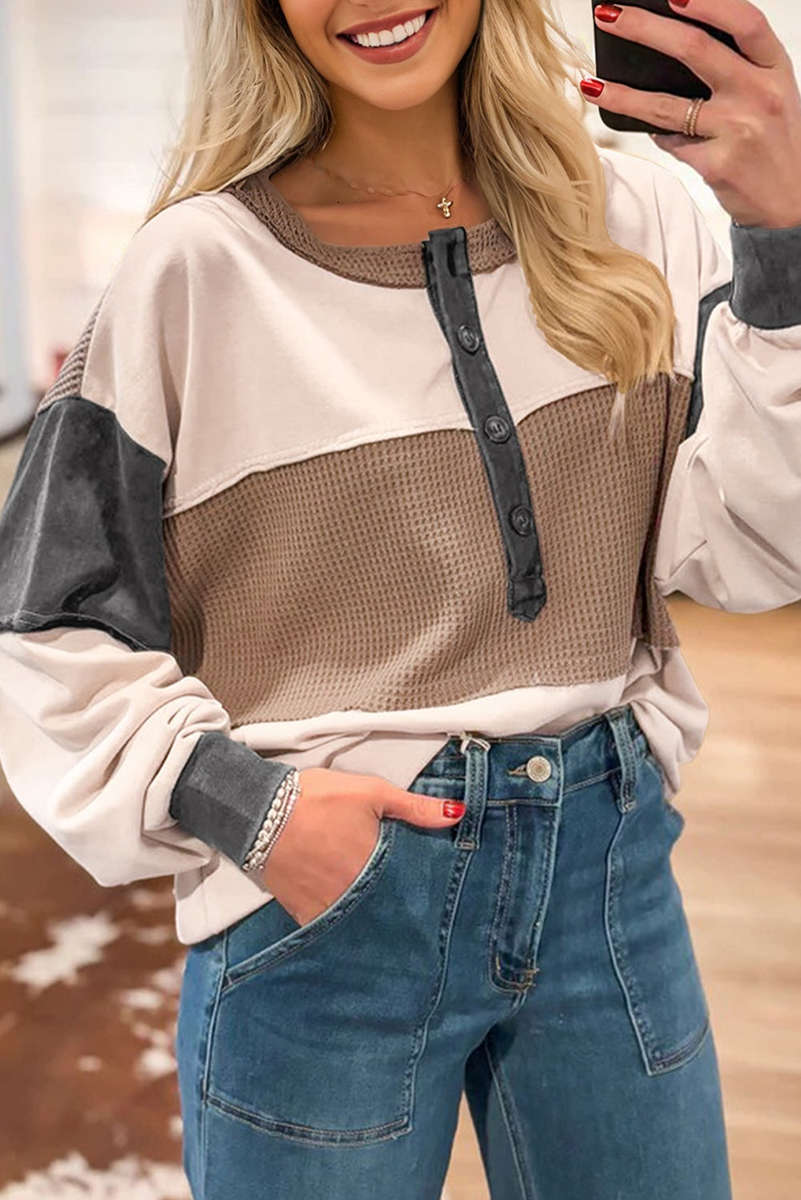 Jet Stream Color Block Waffled Patchwork Loose Henley Top