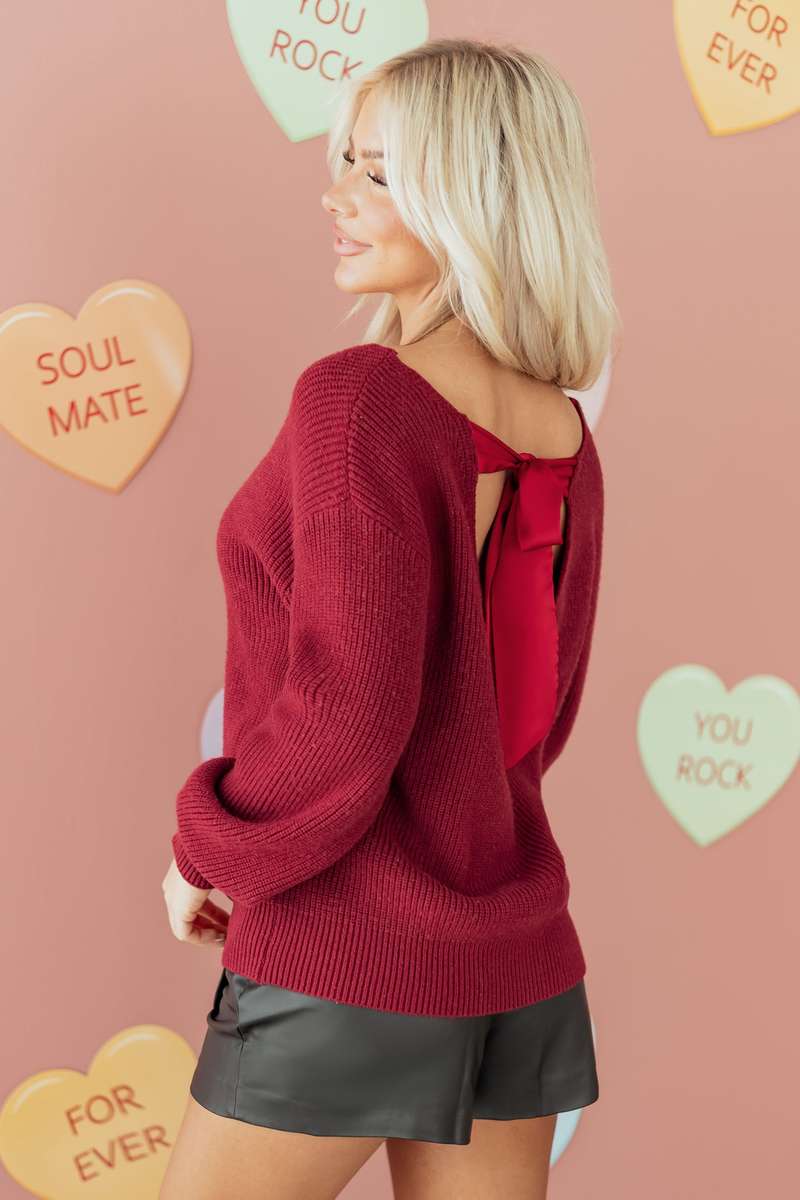 Red Dahlia Ribbed Knit Ribbon Knot Backless Drop Shoulder Sweater