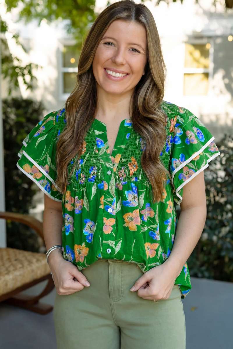 Green Plus Size Ruffled Short Sleeve Floral Top