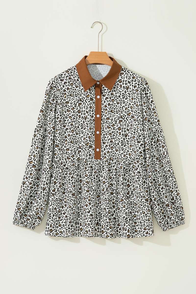 Khaki Plus Size Buttoned Contrast Trim Puff Sleeve Leopard Print Blouse