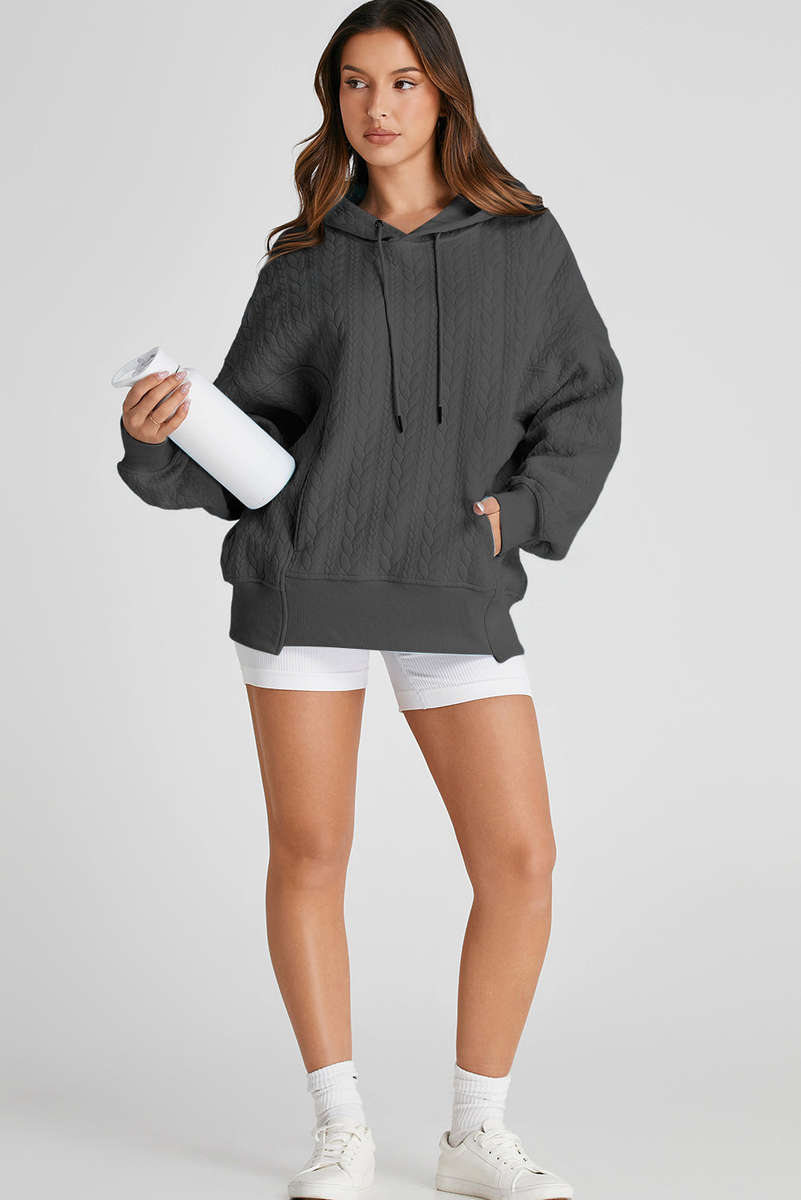 Gray Cable Textured Baggy Solid Hoodie