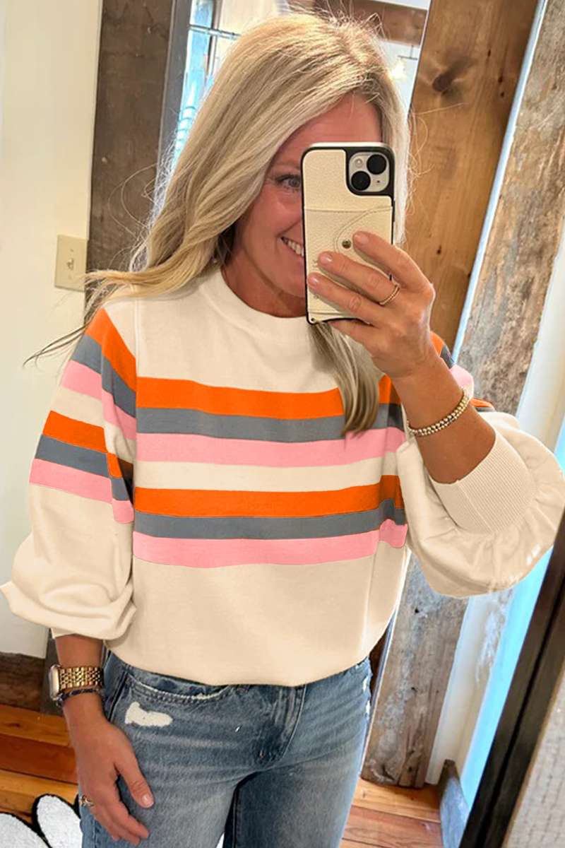 Beige Stripe Puff Sleeve Casual Pullover Sweatshirt