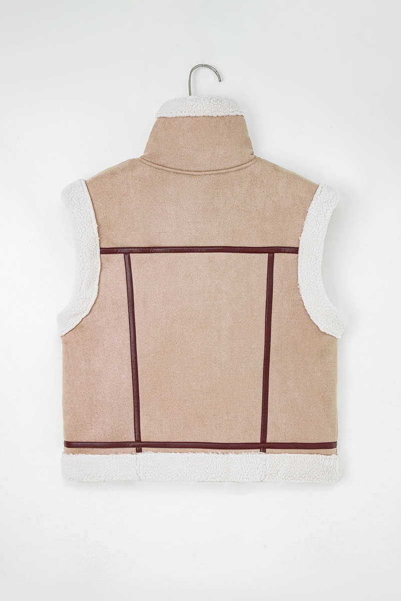 Dark Khaki Sherpa Lined Faux Suede Lapel Collar Vest
