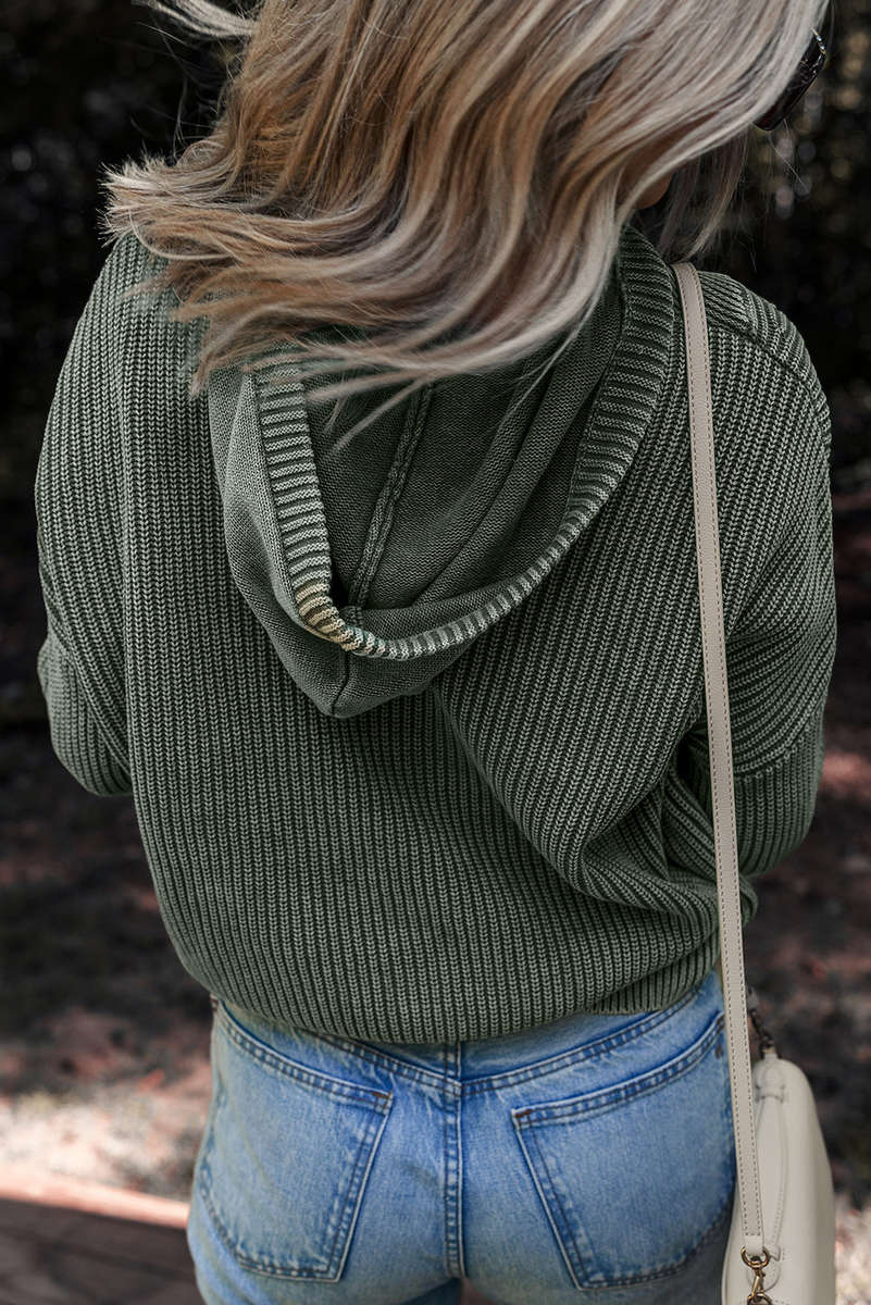 Mist Green Mineral Wash Ribbed Knit Button Drawstring Neck Hooded Sweater