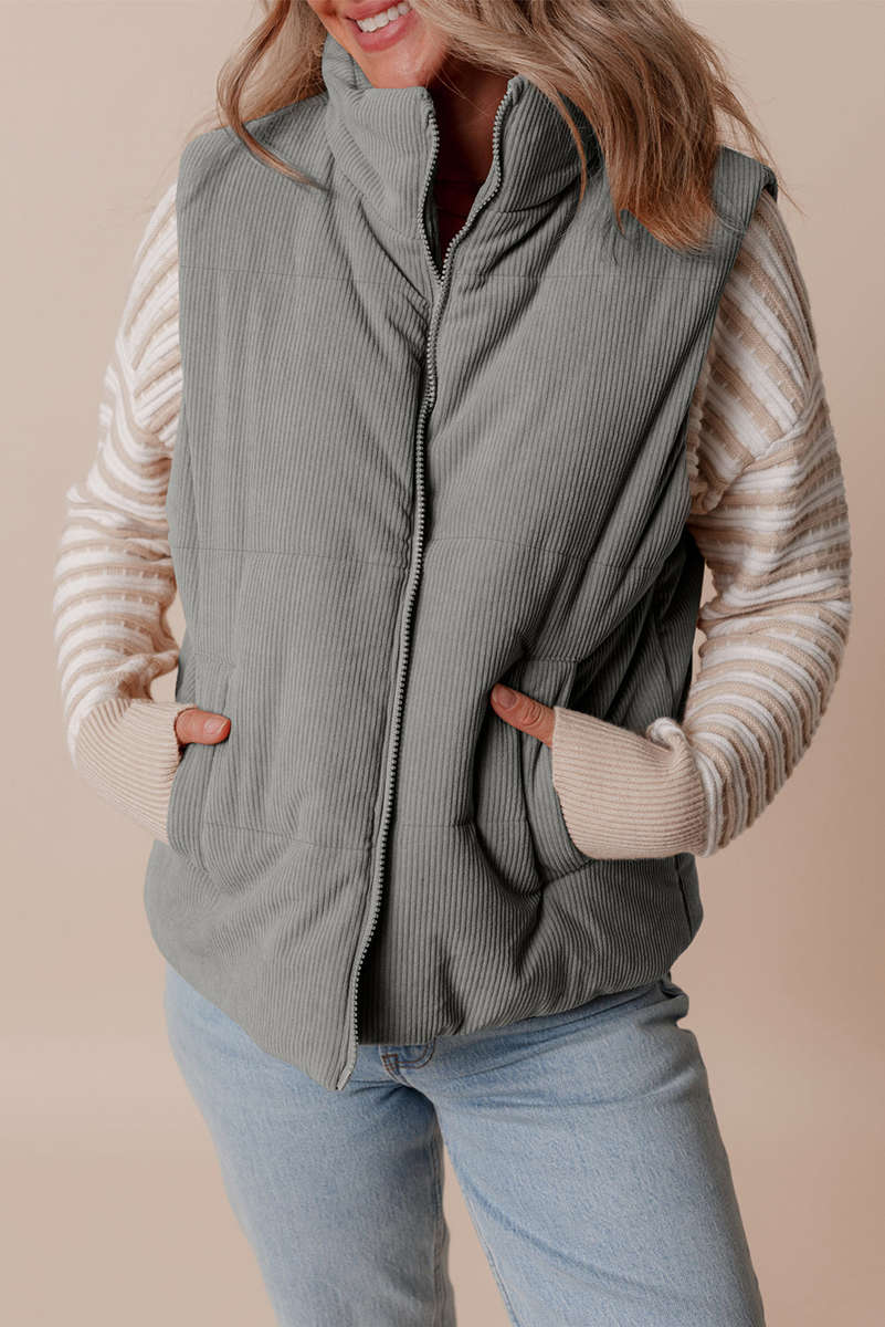 Gray Corduroy Stand Neck Zipped Puffer Vest