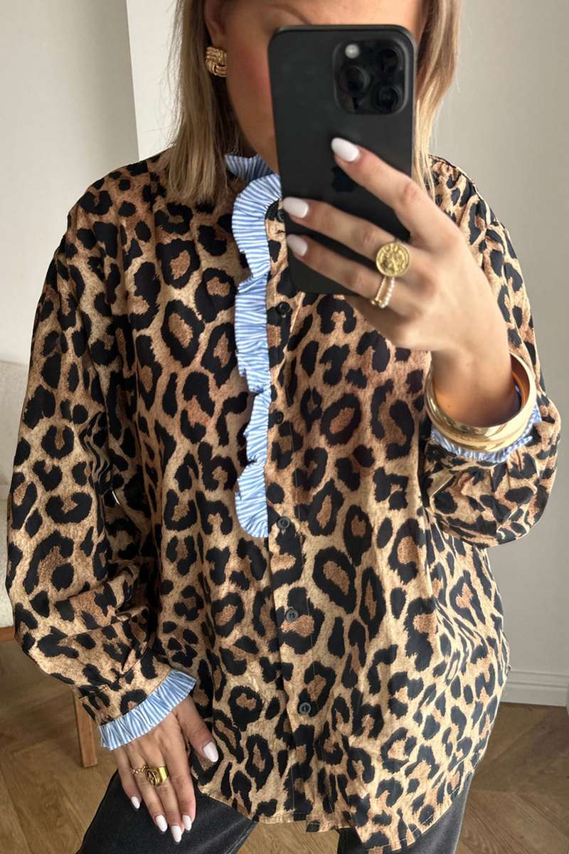 Brown Wild Leopard Print Contrast Striped Frilled Trim Chic Shirt