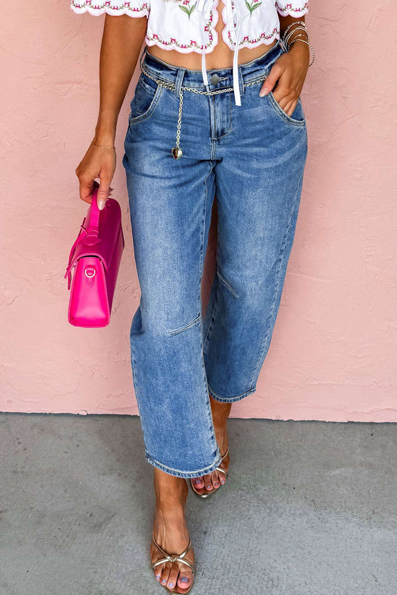 Dusk Blue Seam Detail Ankle Length Cropped BarrelJeans
