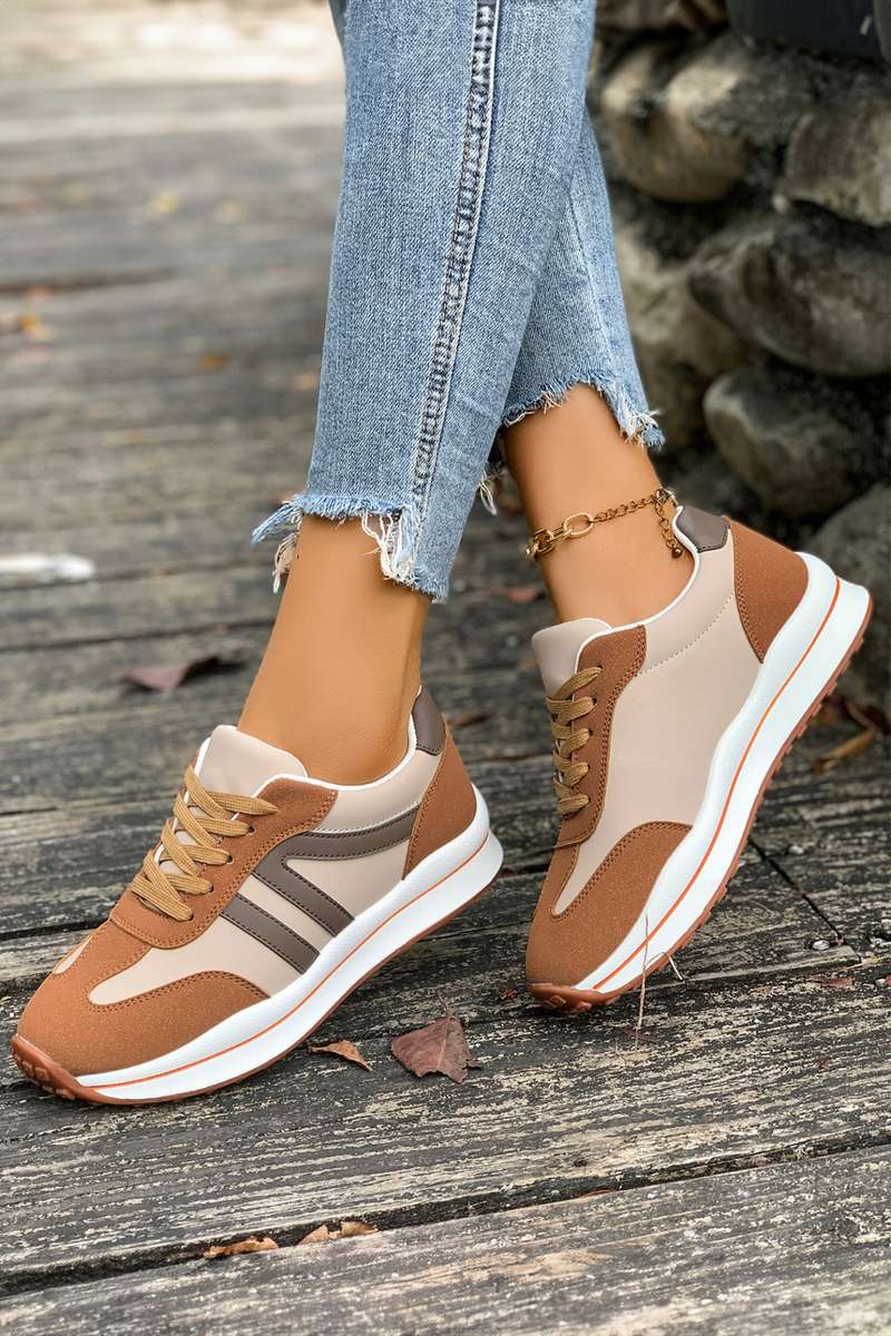 Brown Varsity Color Block Patchwork Lace-up PU Leather Sneakers