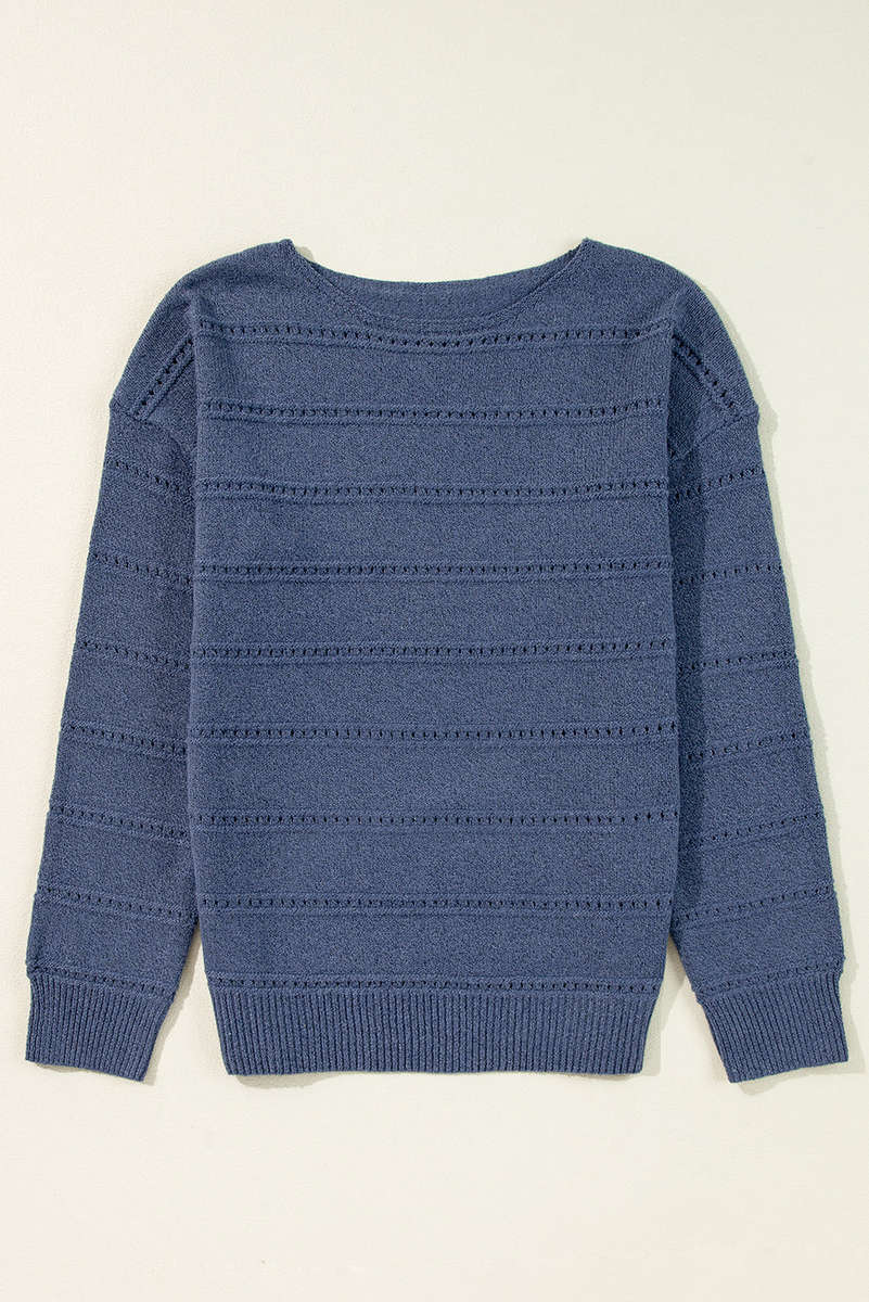 Real Teal Boat Neck Drop Shoulder Pointelle Knit Sweater